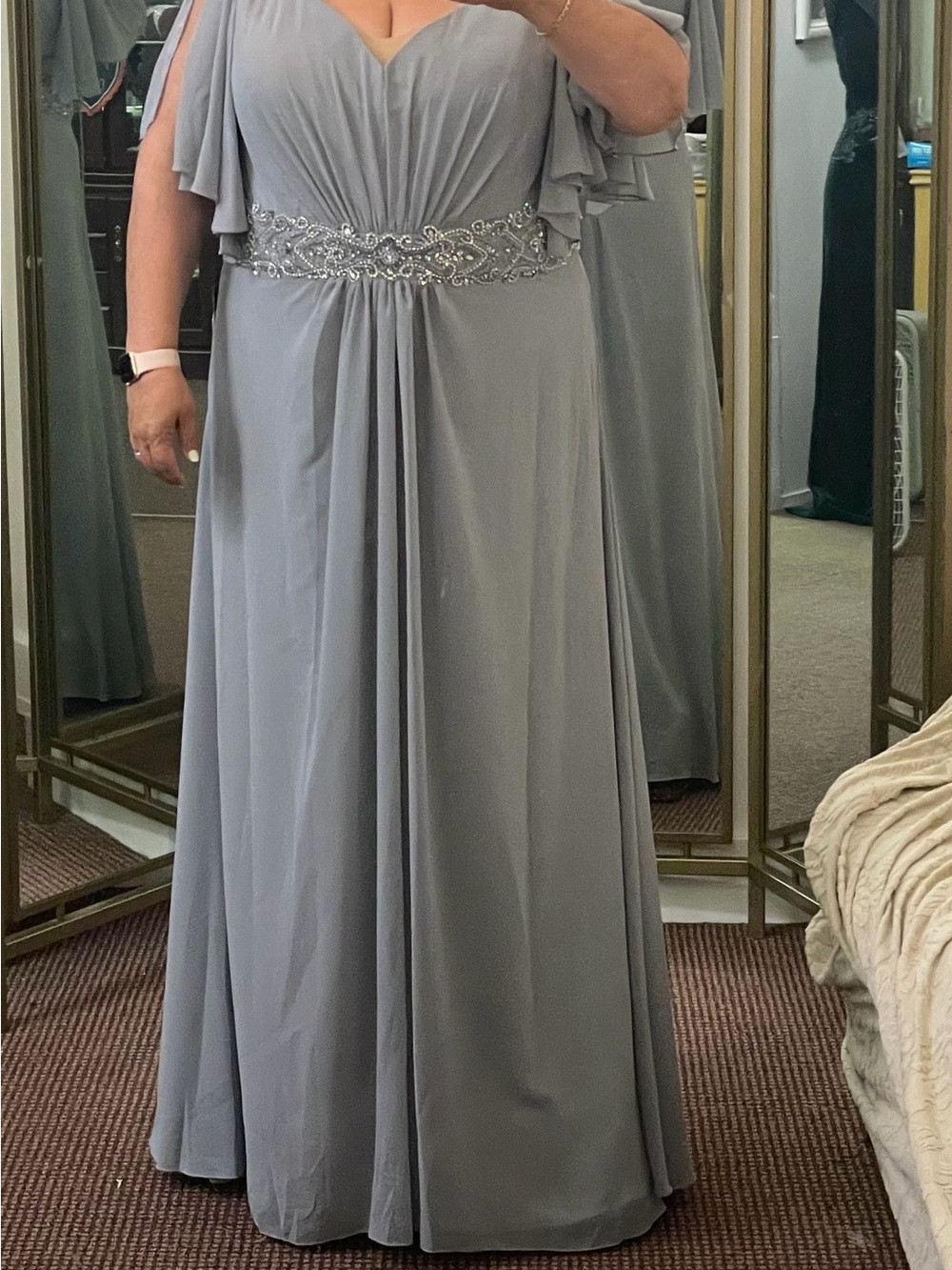 Mother of the Bride Dress in Silver-Grey with Beaded Waistband & Shawl